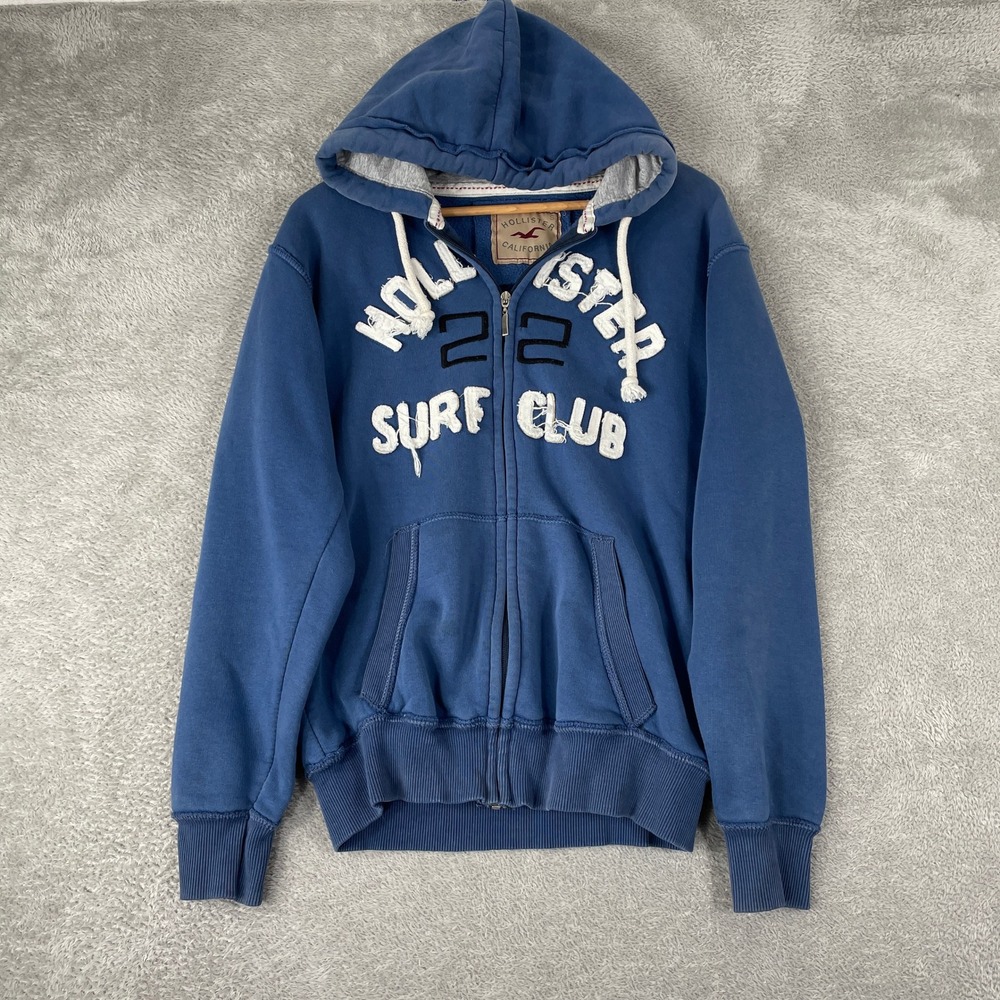 Vintage Hollister Hoodie Mens Small Blue Surf Distressed Applique Zip Fleece Y2K
